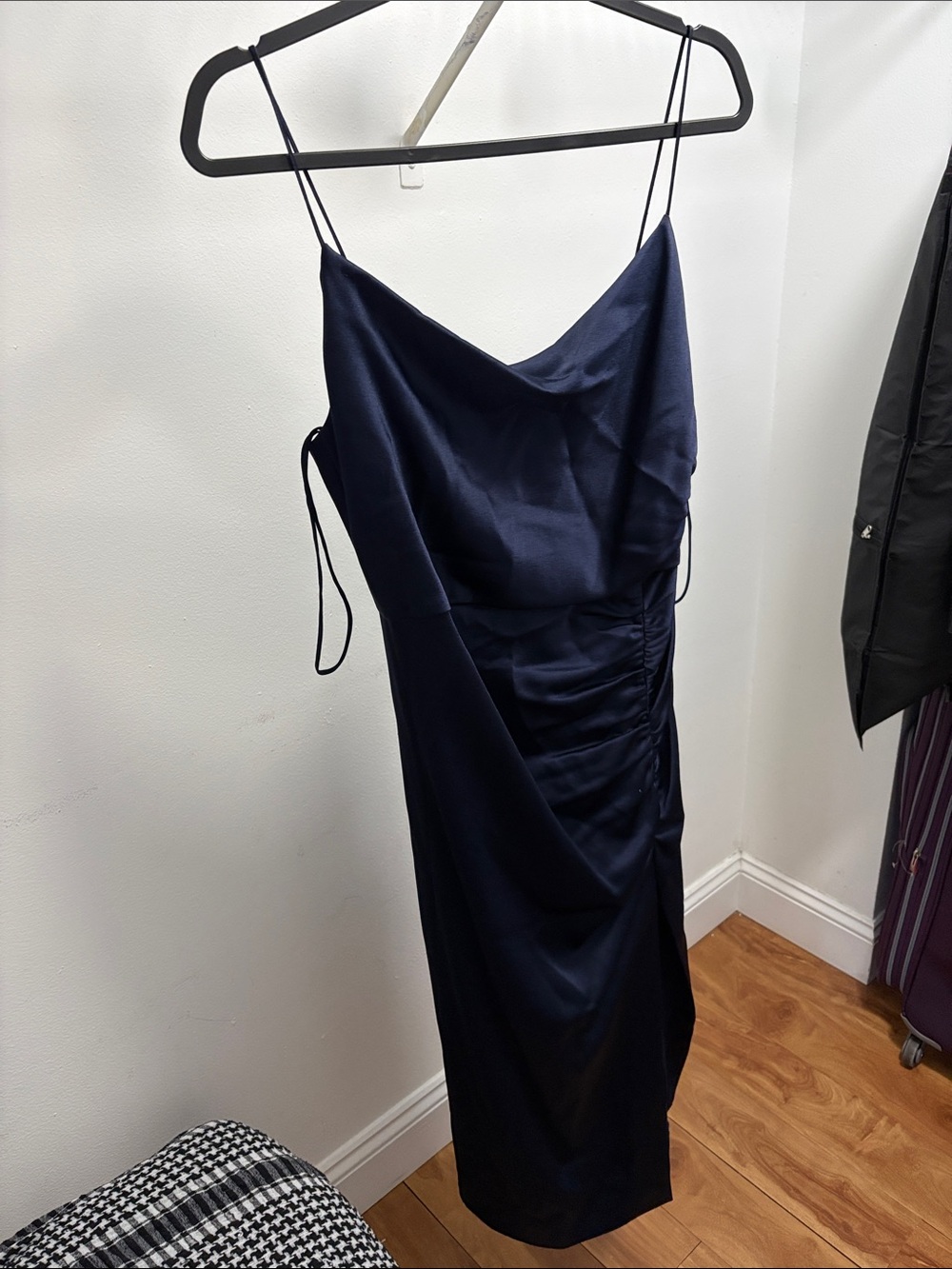 Alice + Olivia Navy Satin Cowl Midi Dress
